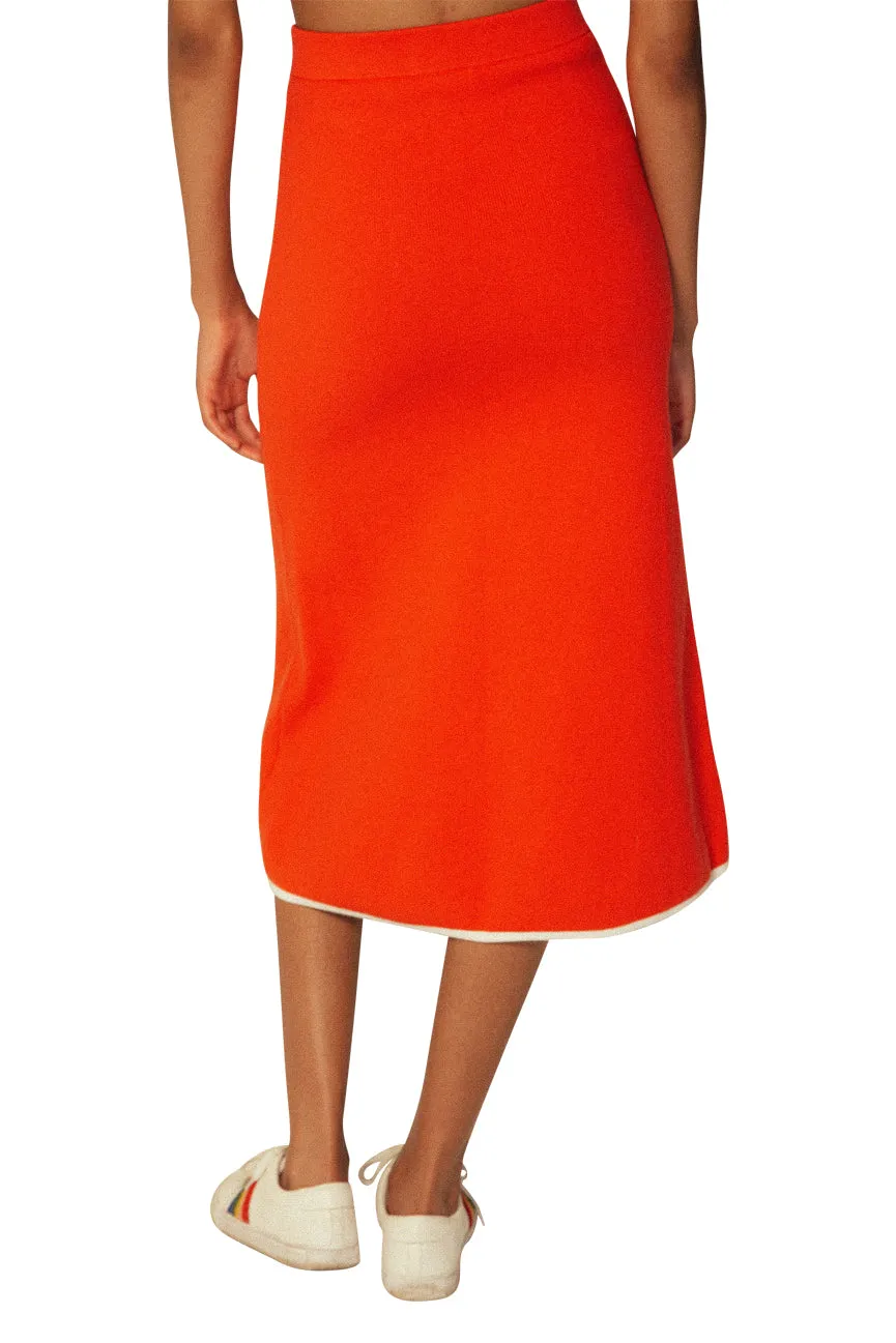 Red Flame Peachskin Flared Midi Skirt