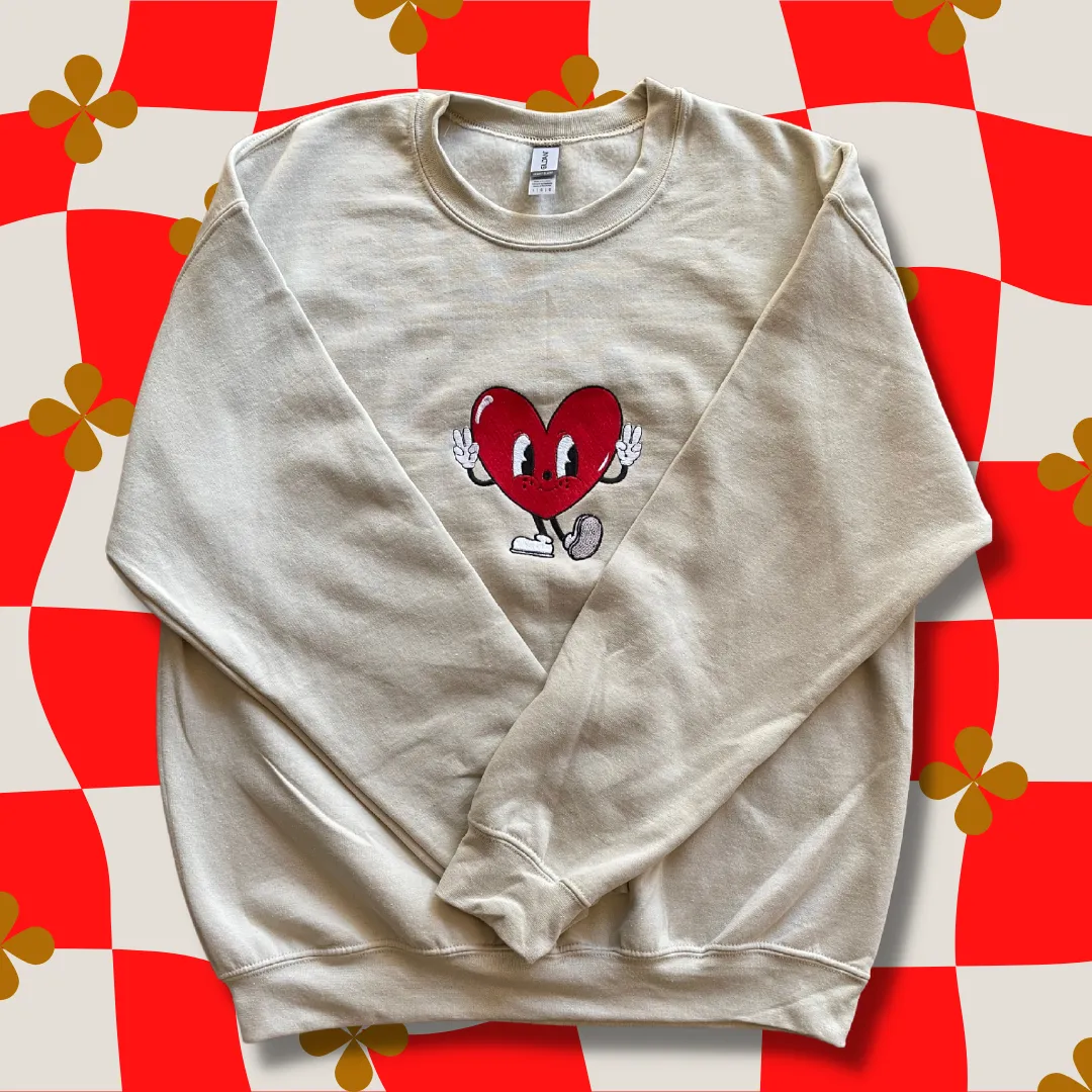 Retro Cartoon Heart Embroidered Crewneck Sweatshirt