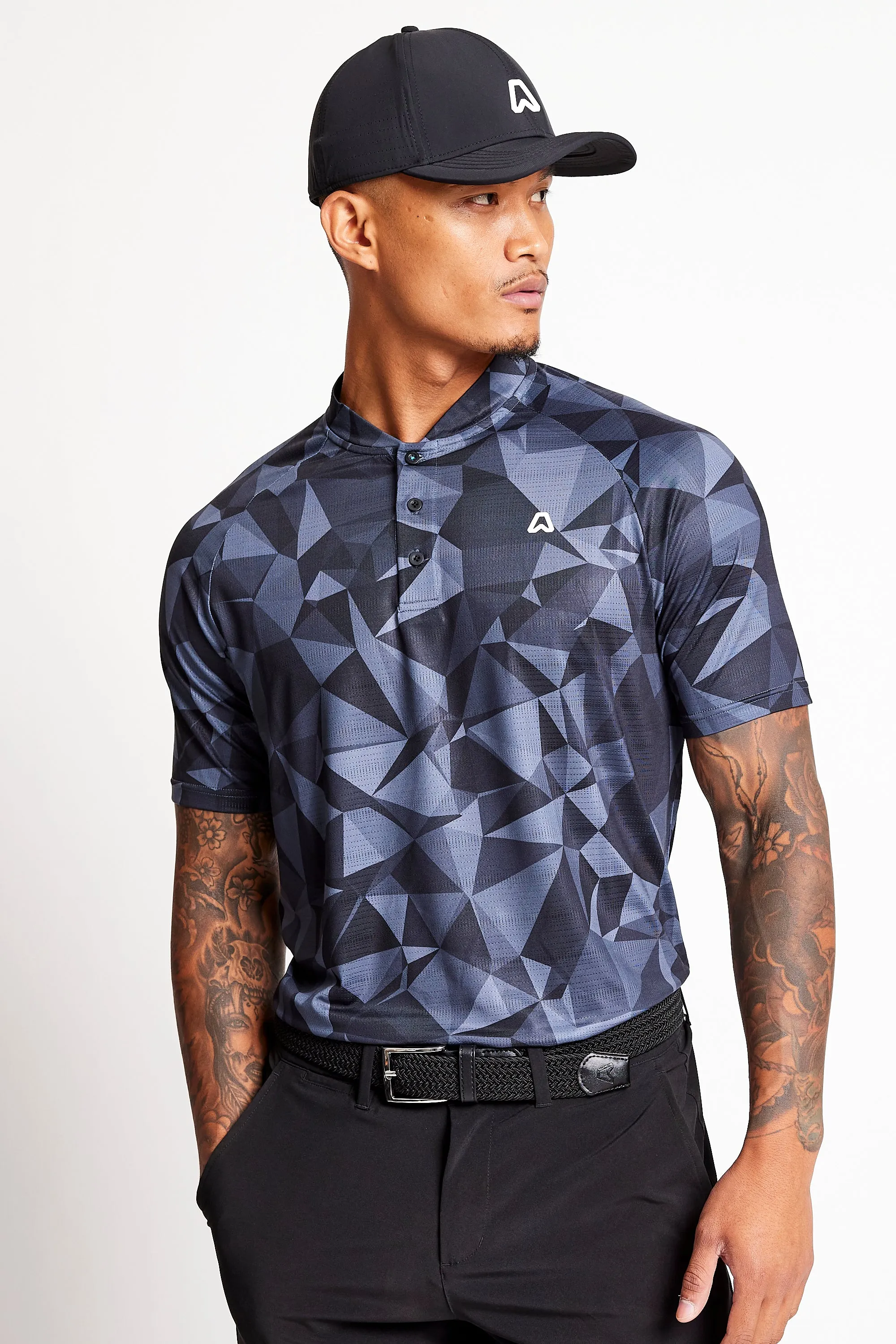 Slim Fit Printed Grandad Polo  - Putter Black