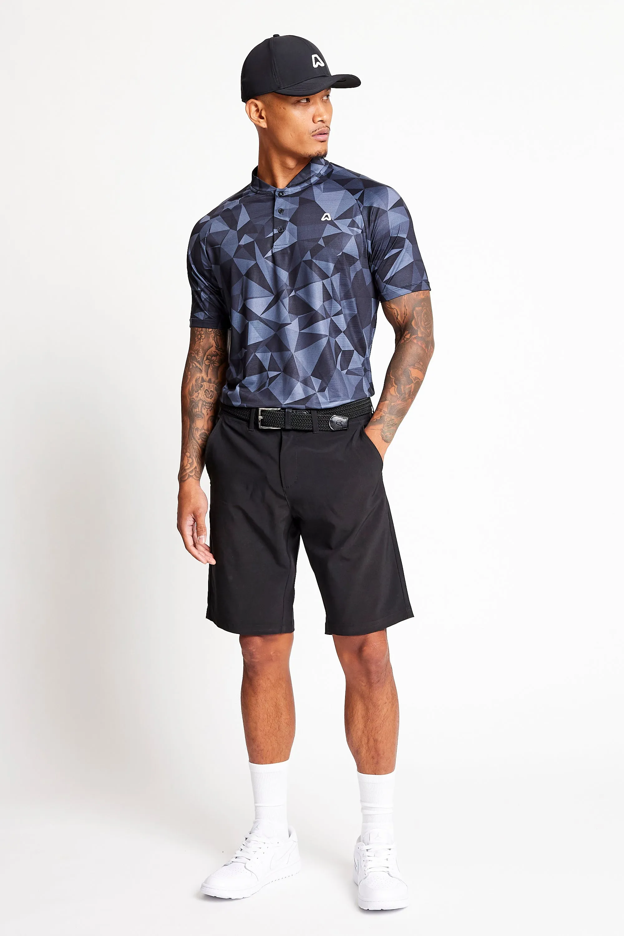 Slim Fit Printed Grandad Polo  - Putter Black