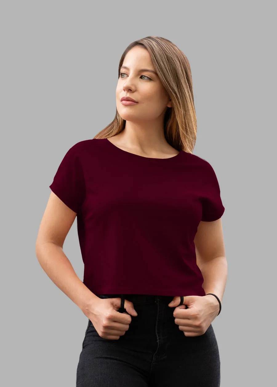 Solid Women Half Sleeve Crop Top - Wine