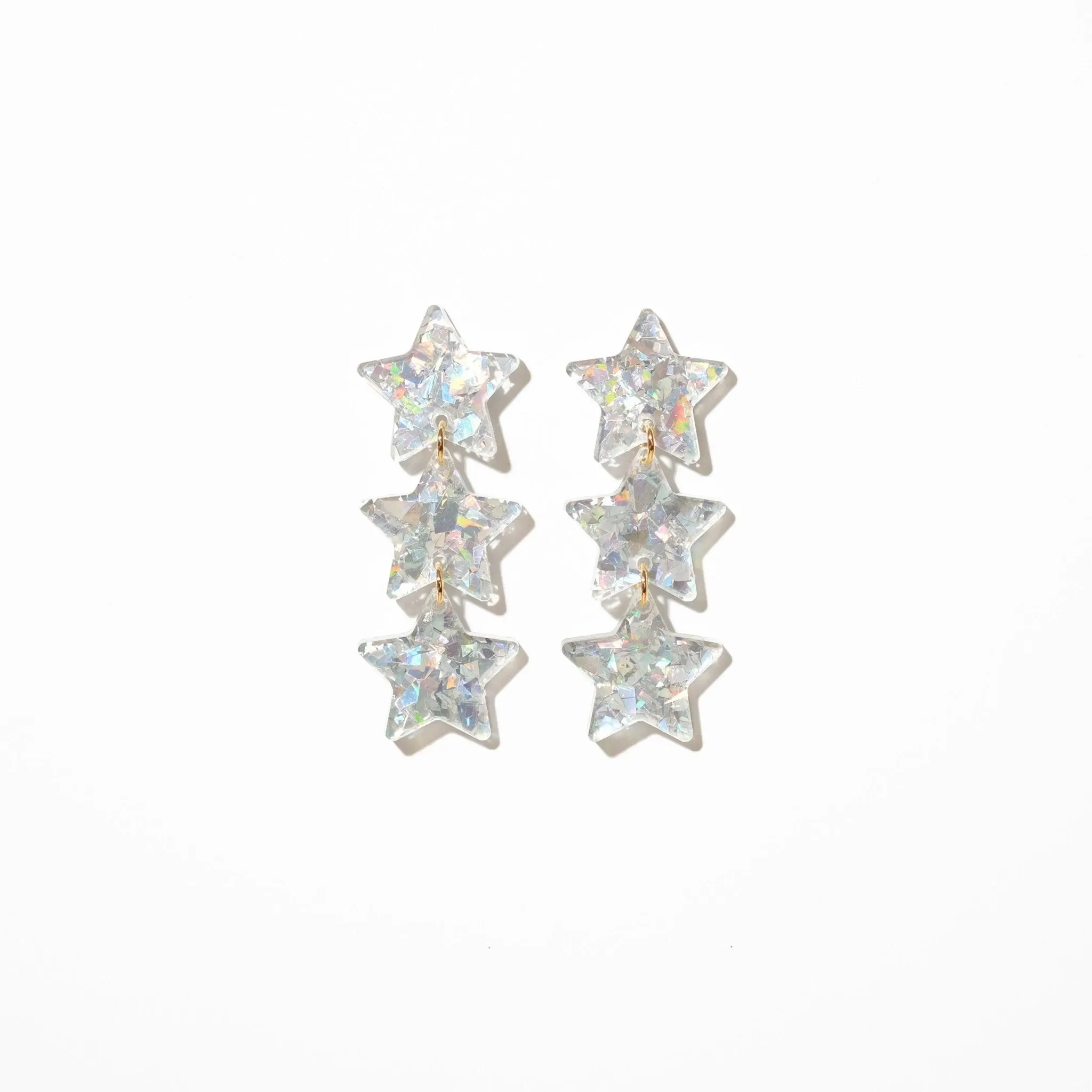 Star Chain Dangle Earrings - Iridescent Silver Glitter