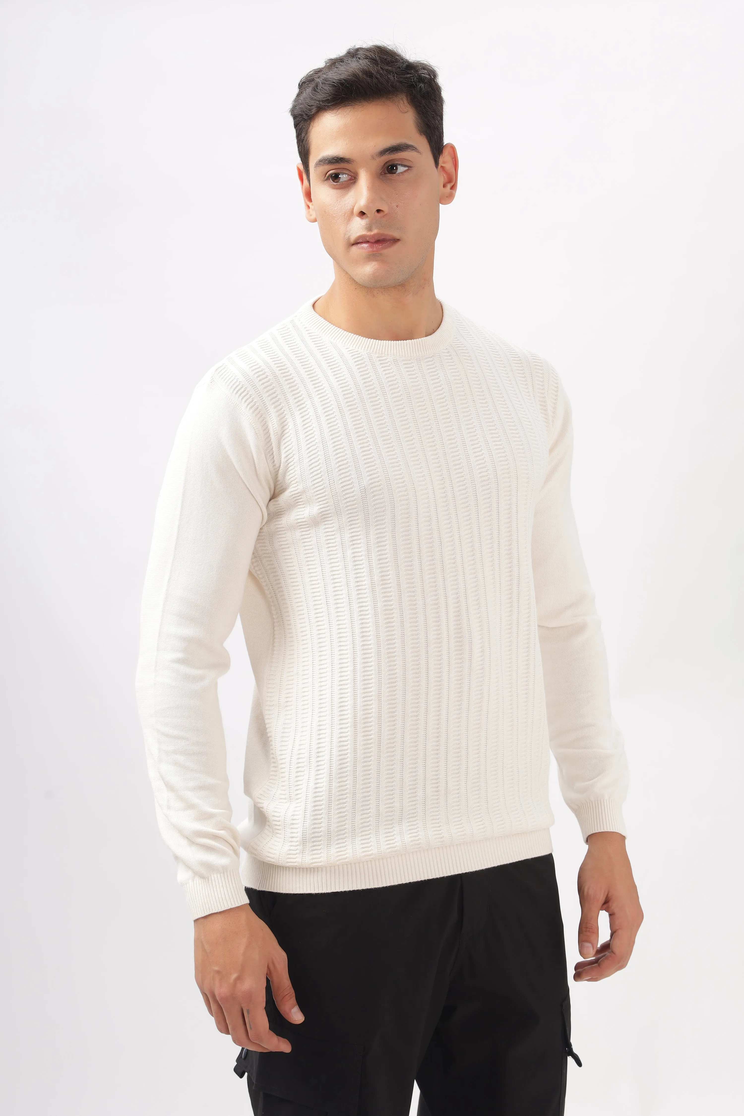 Stripes Knitted Cream Full-Sleeve T-Shirt