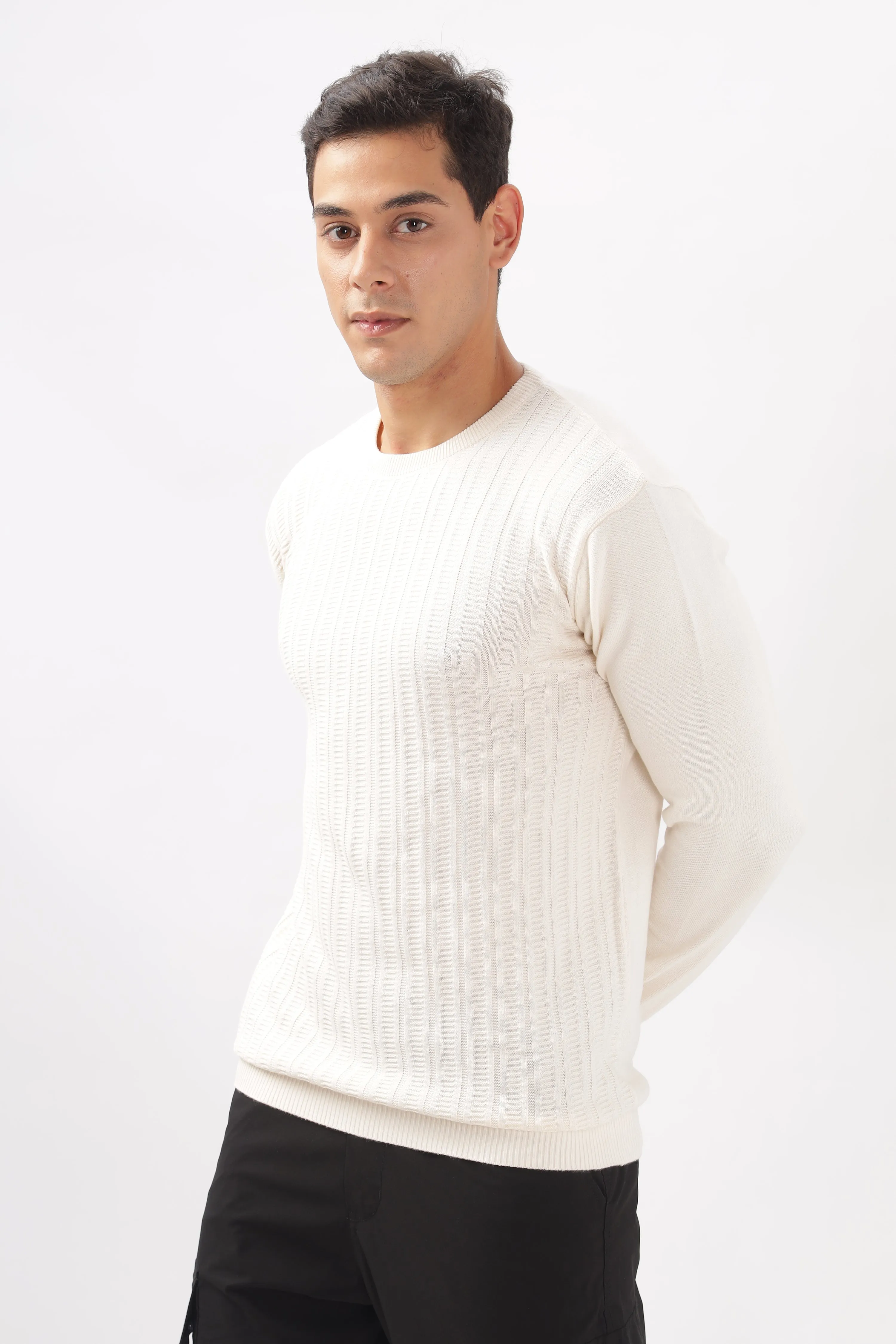 Stripes Knitted Cream Full-Sleeve T-Shirt