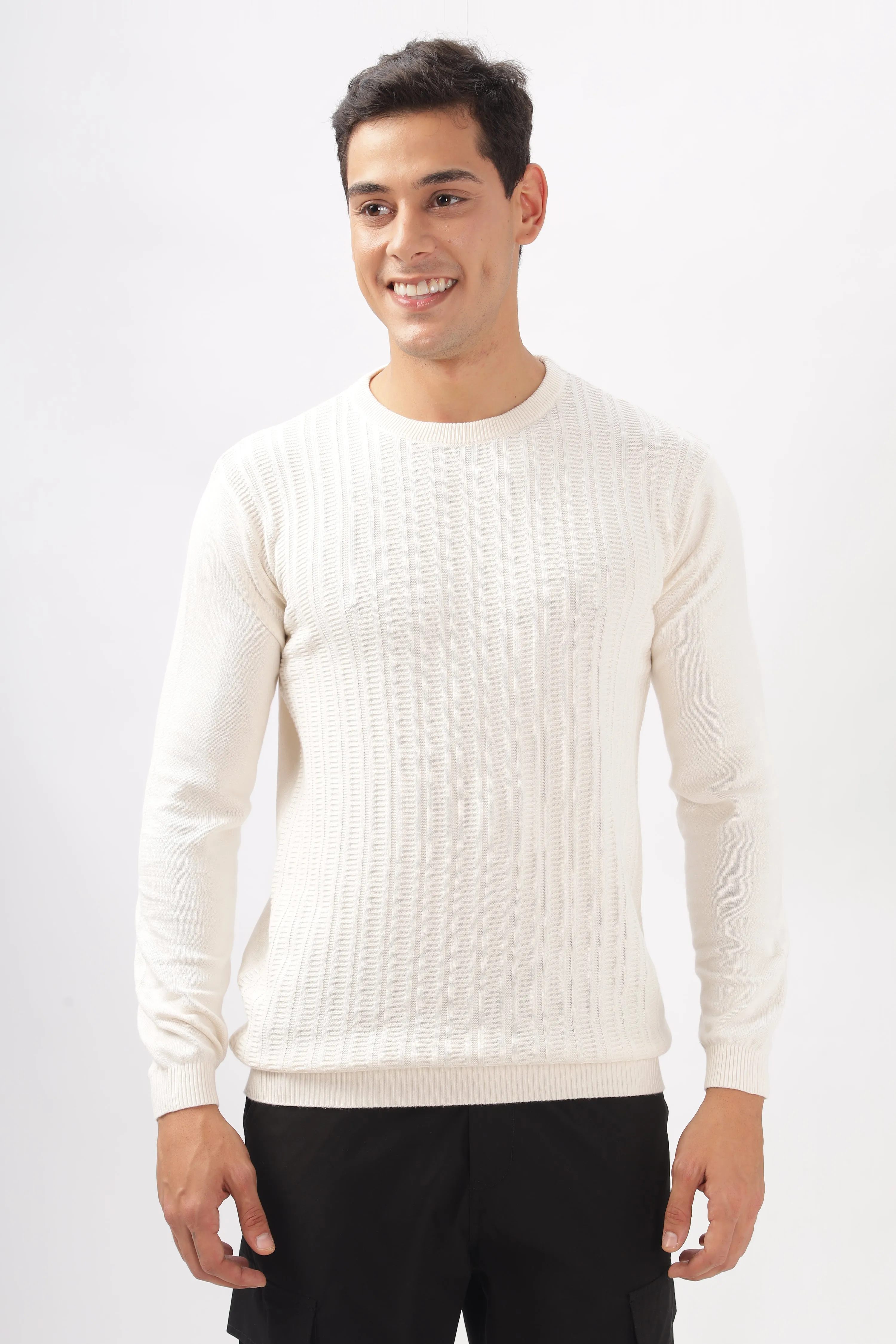 Stripes Knitted Cream Full-Sleeve T-Shirt