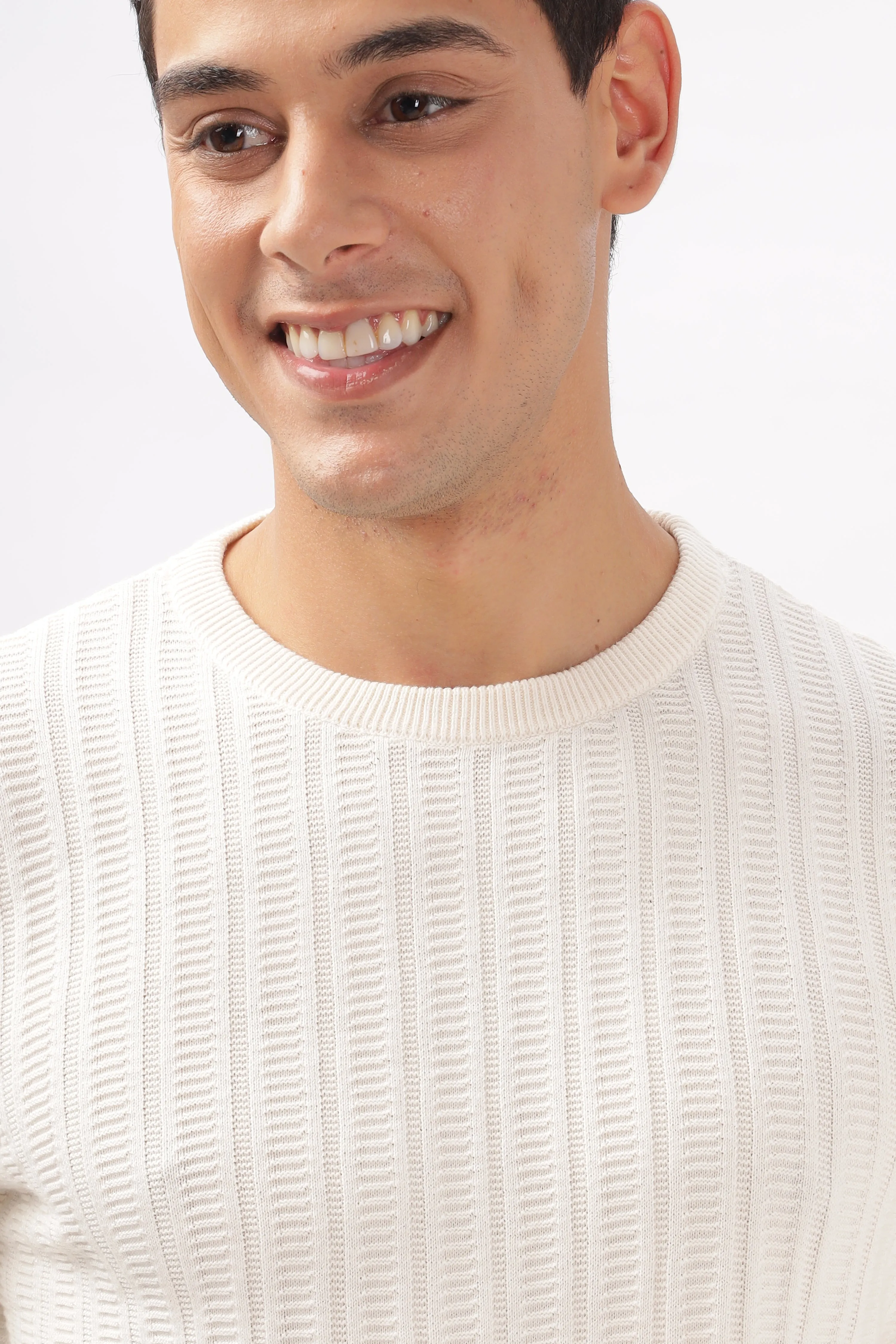 Stripes Knitted Cream Full-Sleeve T-Shirt