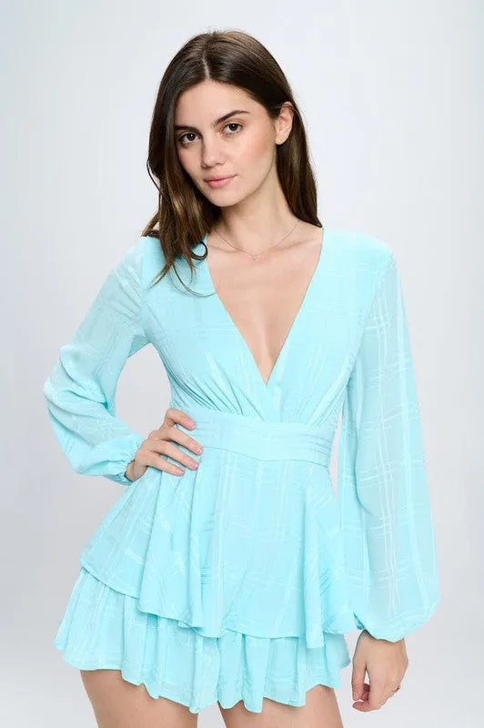 Surplice Front Long Sleeved Tiered Mini Romper