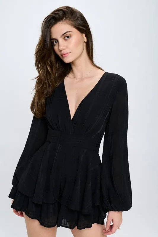 Surplice Front Long Sleeved Tiered Mini Romper