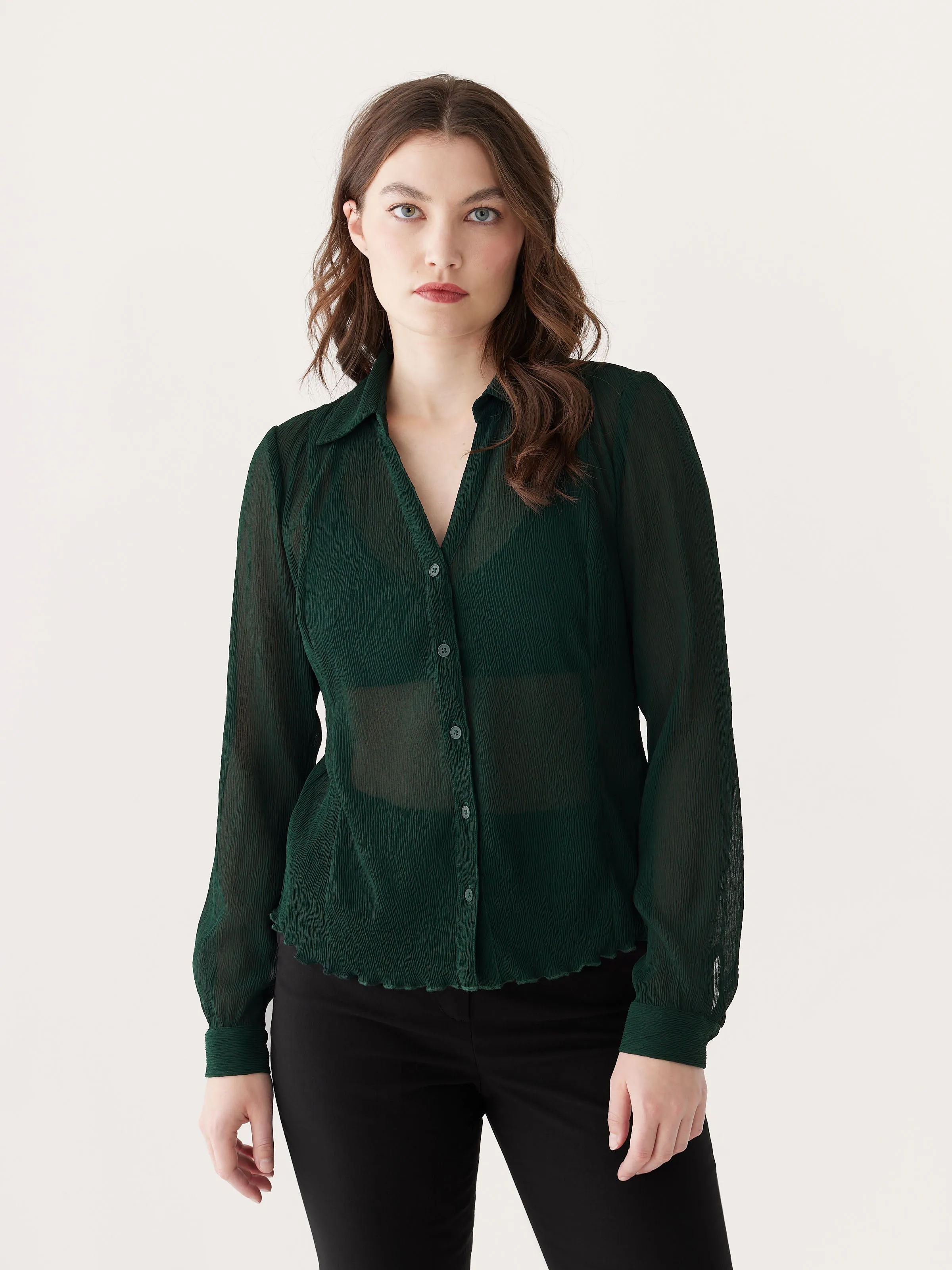 The Textured Sheer Blouse in Forest Green