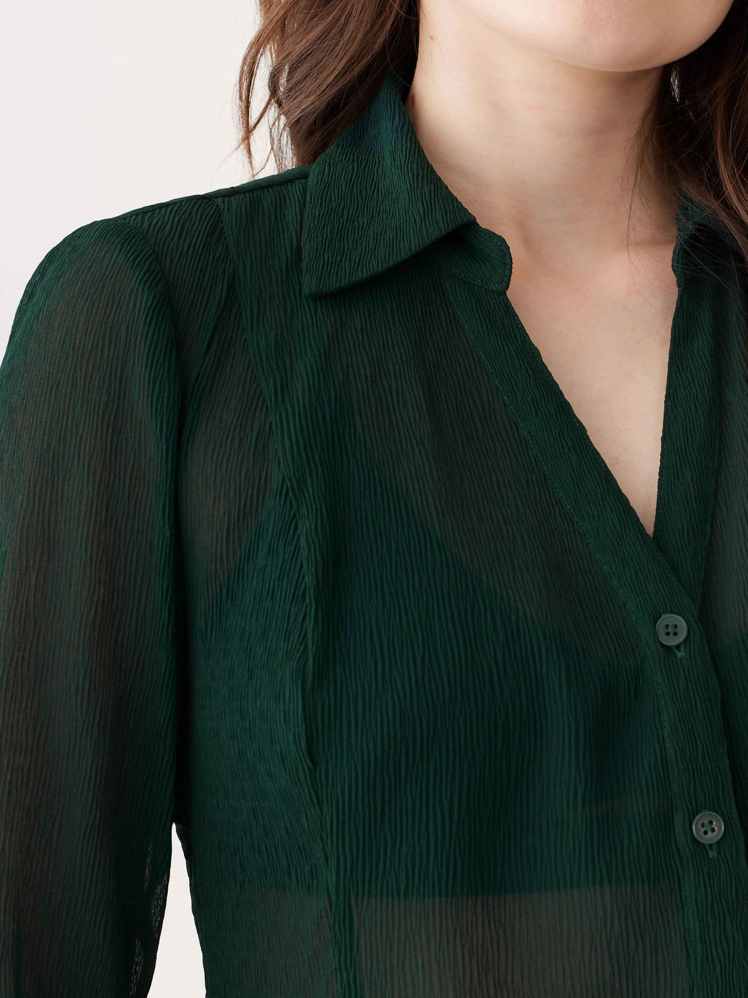 The Textured Sheer Blouse in Forest Green