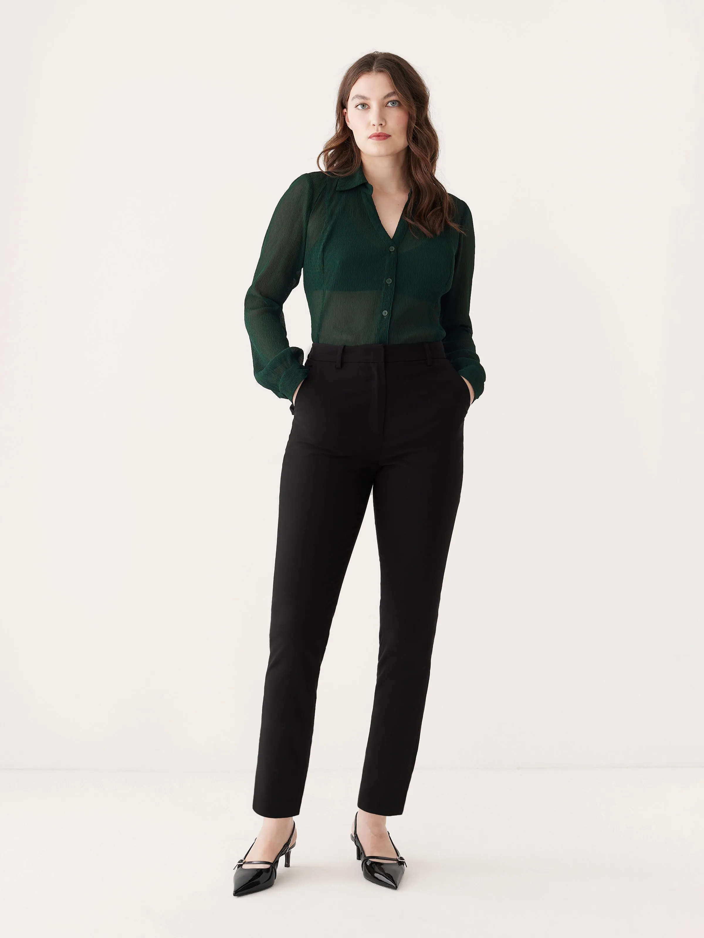 The Textured Sheer Blouse in Forest Green