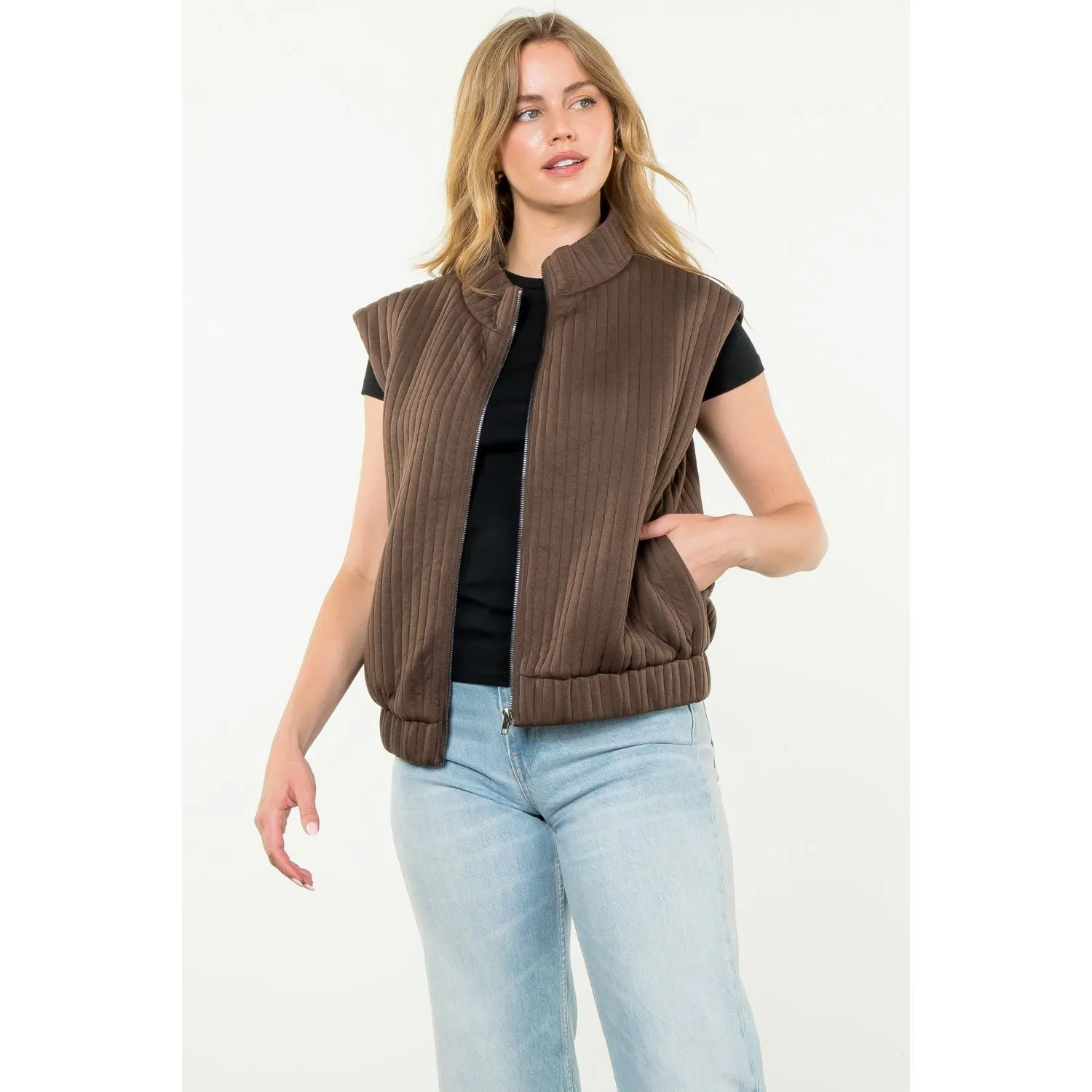 Twyla Striped Texture Zip Up THML Vest