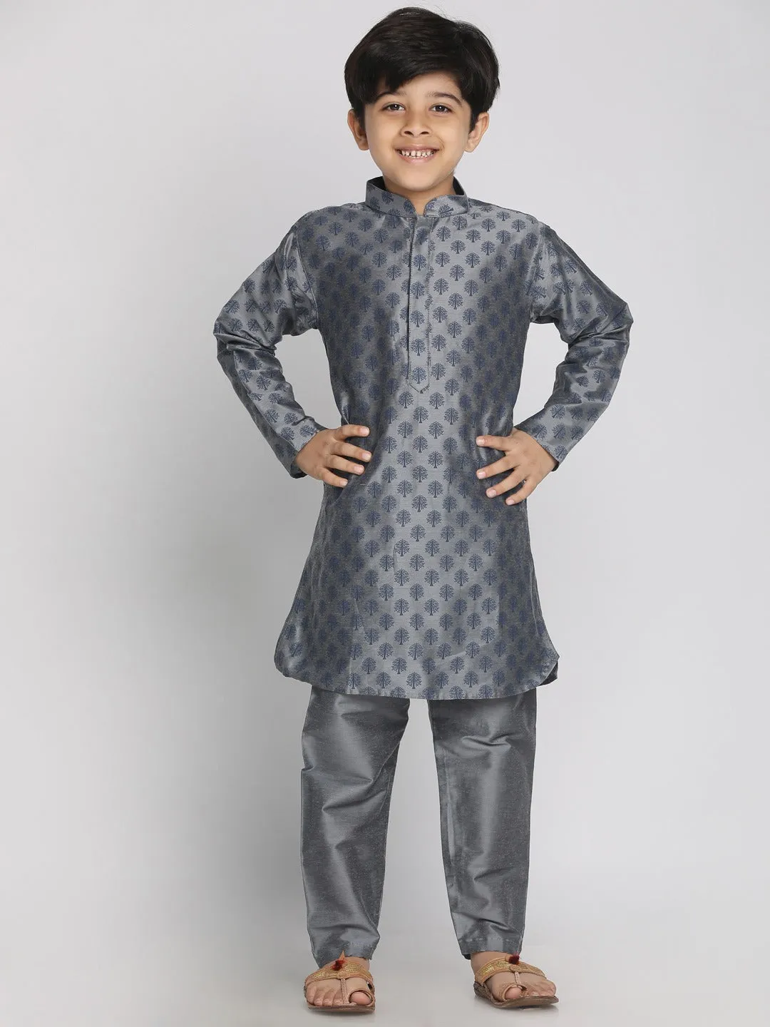 VASTRAMAY Boy's Grey Printed Kurta With Pyjama Set