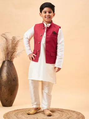 VASTRAMAY Boy's Maroon Nehru Jacket With Cream Kurta And Pyjama Set