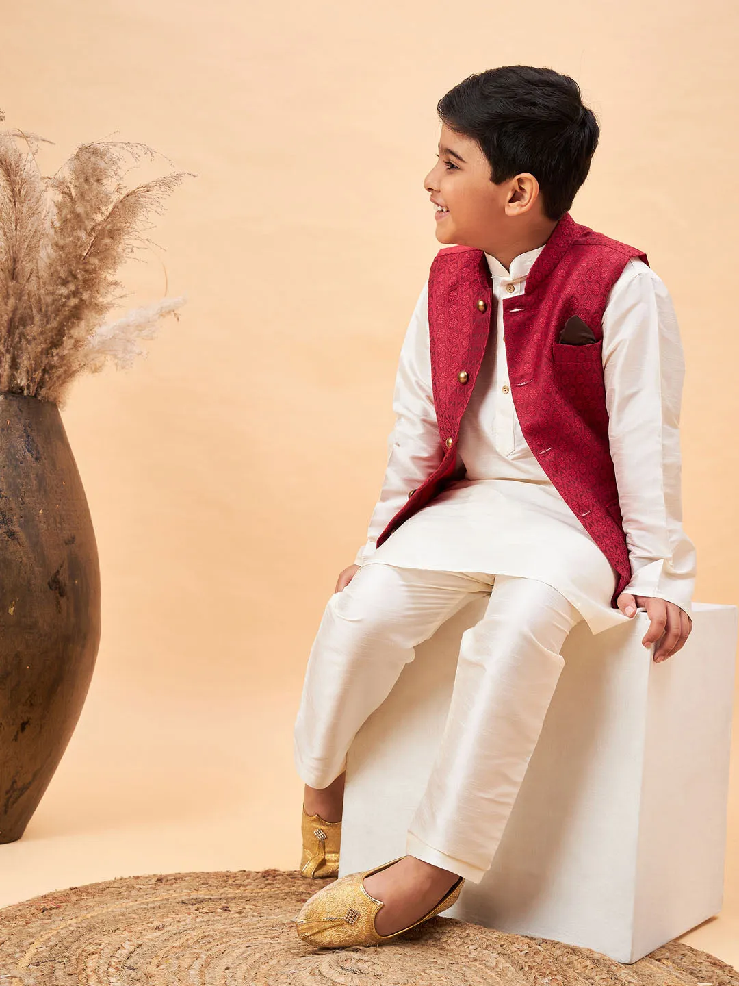 VASTRAMAY Boy's Maroon Nehru Jacket With Cream Kurta And Pyjama Set