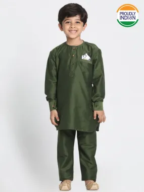 Vastramay Boy's Mehandi Green Cotton Blend Kurta Pyjama Set