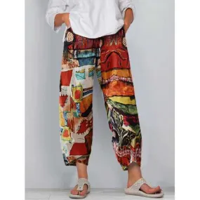 Vintage Printed Split Elastic Waist Pants