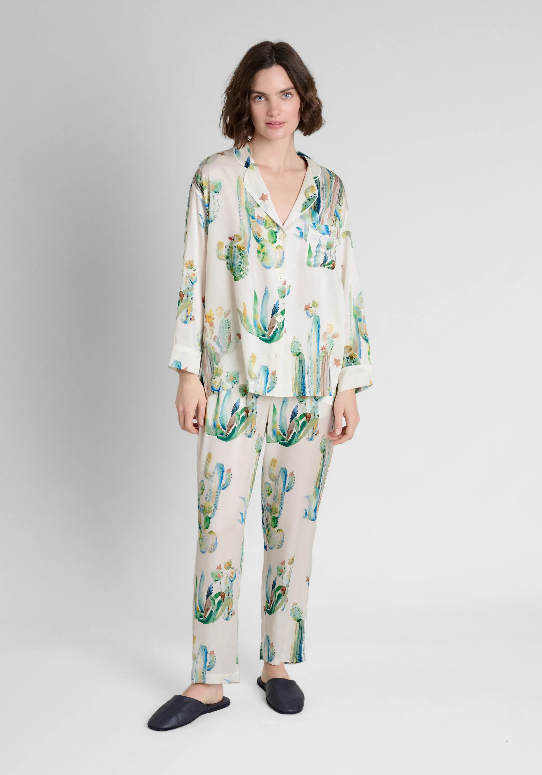 Washable Silk Marina Pajama Set in Cacti Watercolor