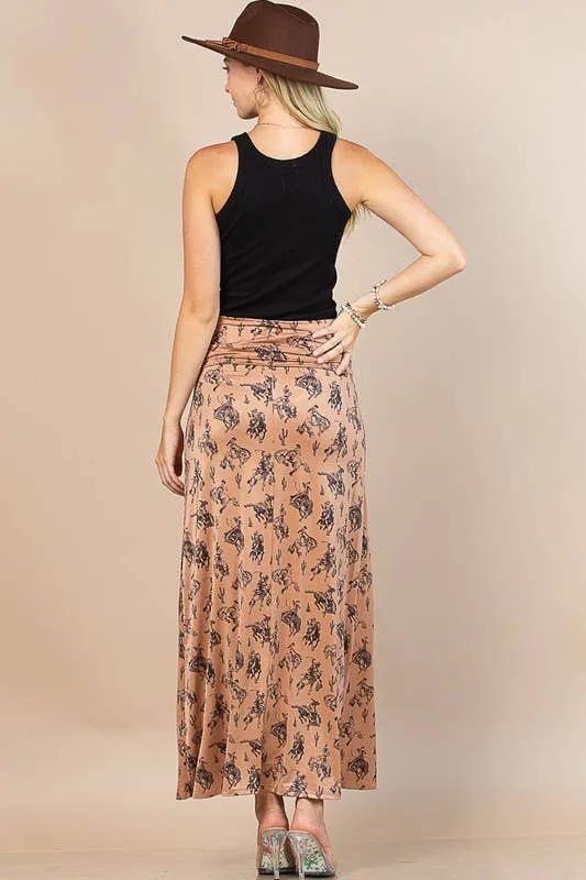 WESTERN BUCKING HORSES PRINT KNIT MAXI SKIRT