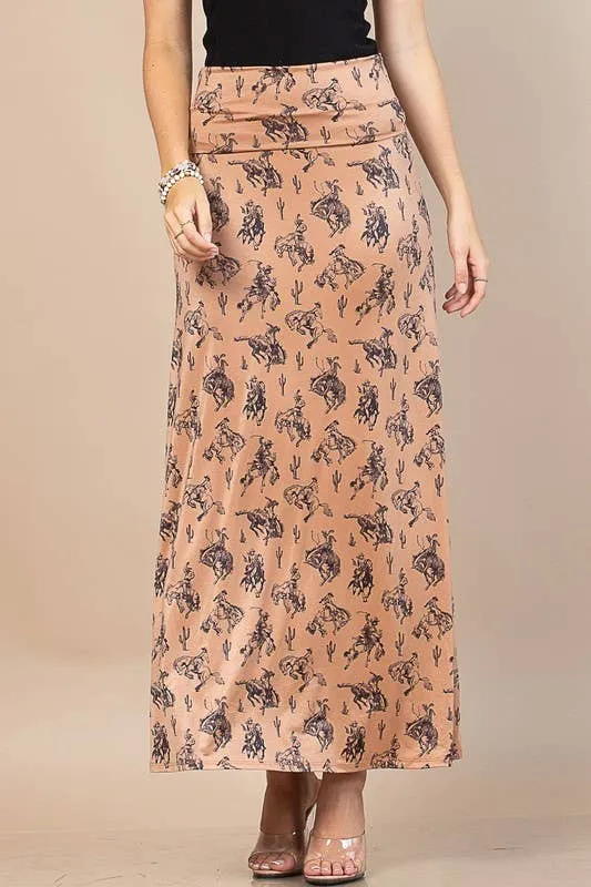 WESTERN BUCKING HORSES PRINT KNIT MAXI SKIRT